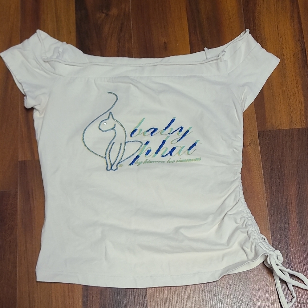 Baby Phat White Off-Shoulder Tee with Blue Embroidery